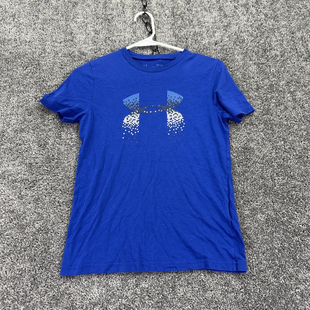 Under Armour Shirt Boys Medium Blue Short Sleeve Graphic Tee Athletic HeatGear